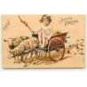 n°20170 - Carte Gaufrée - Joyeuses Pâques - Fillette dans une charrette rempli d'oeufs, tiré par des moutons