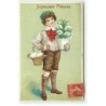n°20172 - Carte Gaufrée - Joyeuses Pâques - Garçon apportant des fleurs et des oeufs dans un  panier