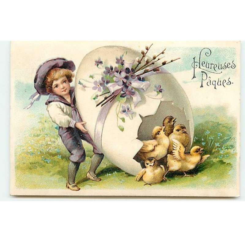 n°20173 - Carte Gaufrée - Heureuses Pâques - Garçon renversant un oeuf rempli de poussins