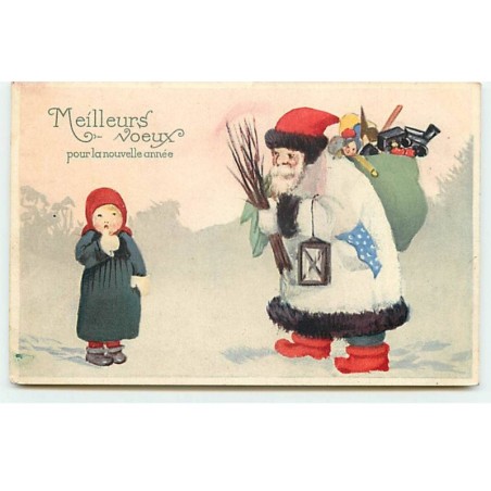 n°20179 - Meilleurs voeux pour la nouvelle année - Fillette, près d'un Père Noël portant un sac rempli de jouets