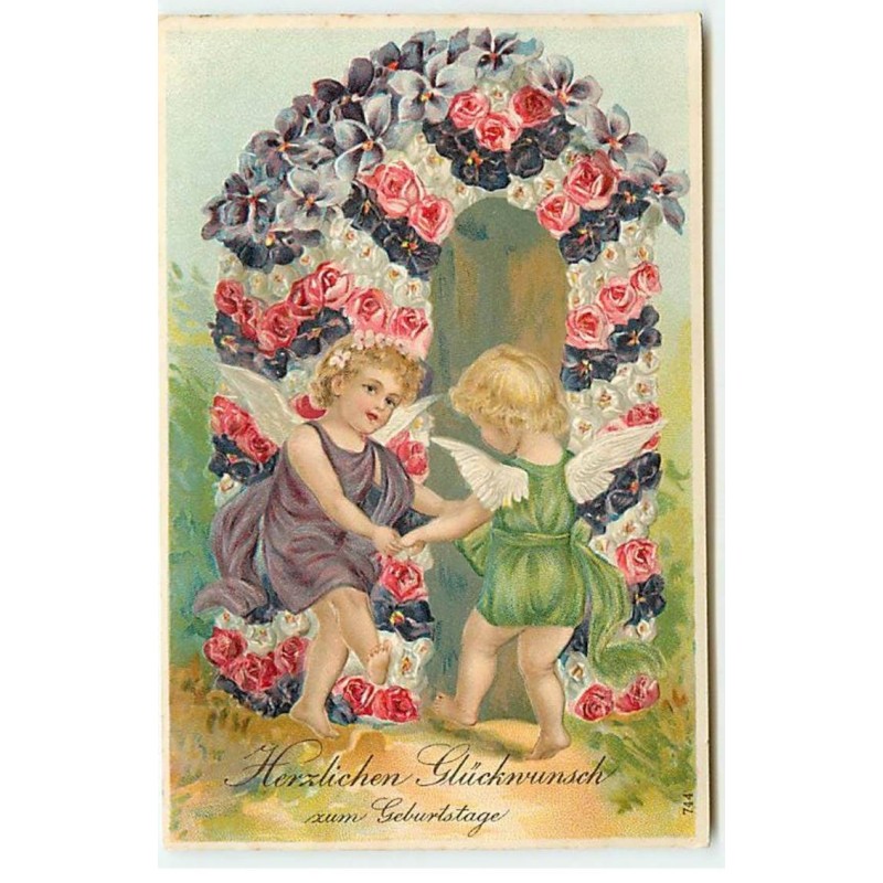 n°20195 - Carte Gaufrée - Herzlichen Glückwunsch zum Geburtstage - Anges dansant devant une arche de fleurs