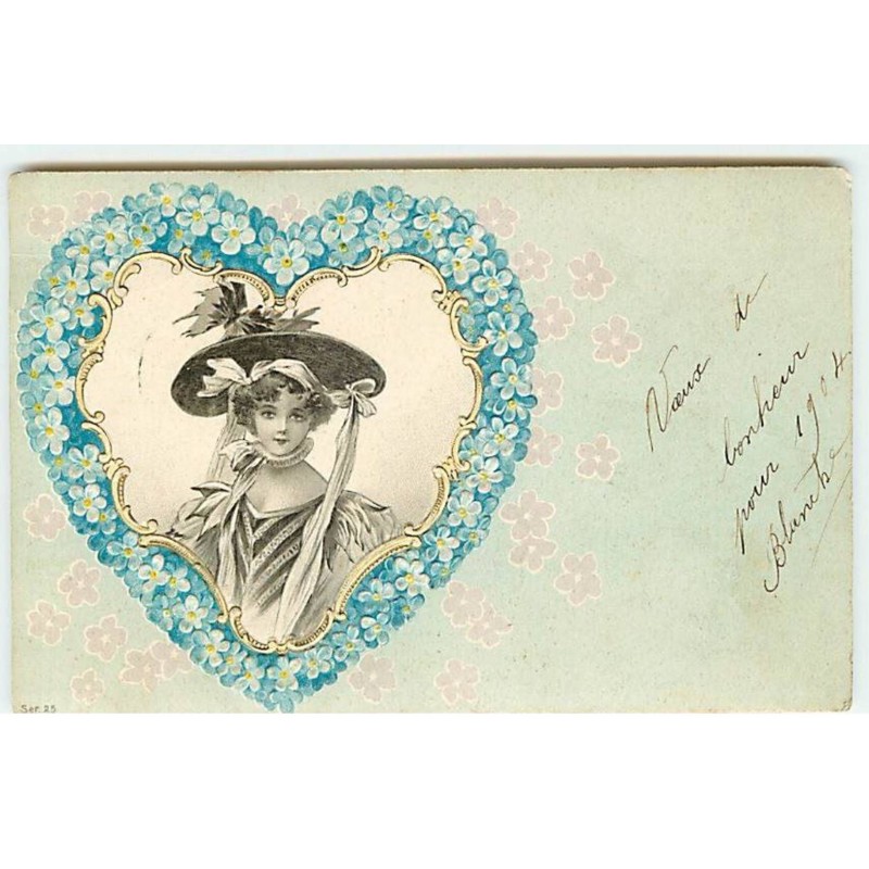 n°20200 - Carte Gaufrée - Clapsaddle - Portrait d'une jeune femme au milieu d'un coeur en myosotis