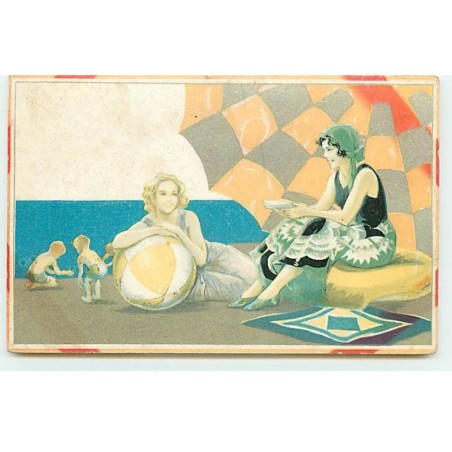 n°20213 - Art Déco - Jeunes femmes sur une plage se protégeant sous un parasol