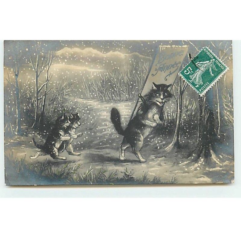 n°20215 - Bonne Année - Maurice Boulanger - Chatons suivant un chat marchant dans la forêt sous la neige