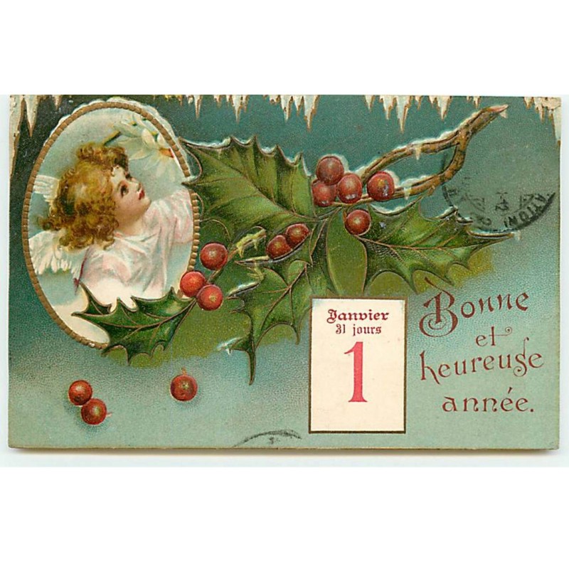 n°20216 - Carte Gaufrée - Clapsaddle - Bonne et Heureuse Année - Ange dans un médaillon, feuille de houx