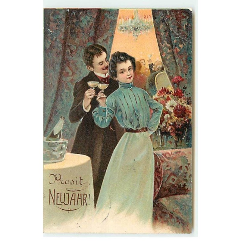 n°20219 - Carte Gaufrée - Prosit Neujahr - Couple trinquant