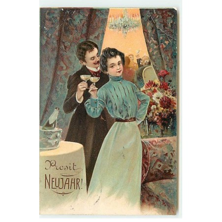 n°20219 - Carte Gaufrée - Prosit Neujahr - Couple trinquant
