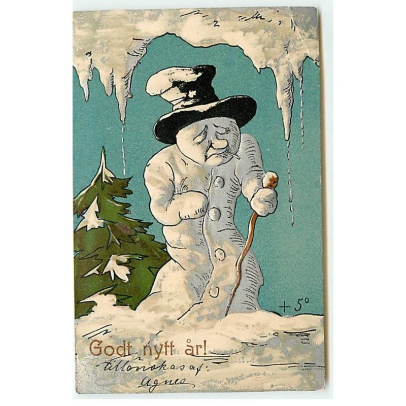 n°20220 - Carte Gaufrée - Godt nytt ar ! - Bonhomme de neige