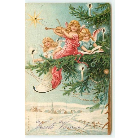 n°20221 - Veselé Vanoce - Anges sur une branche de sapin, l'un lisant et autre jouant du violon