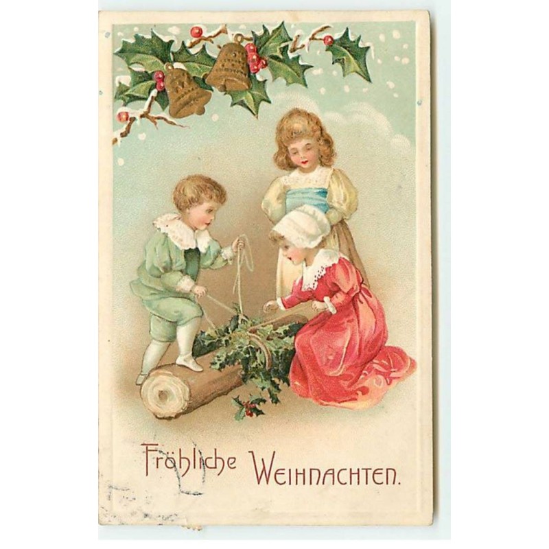 n°20223 - Carte Gaufrée - Clapsaddle - Fröhliche Weihnachten - Enfants accrochant des branches de houx autour d'un tronc