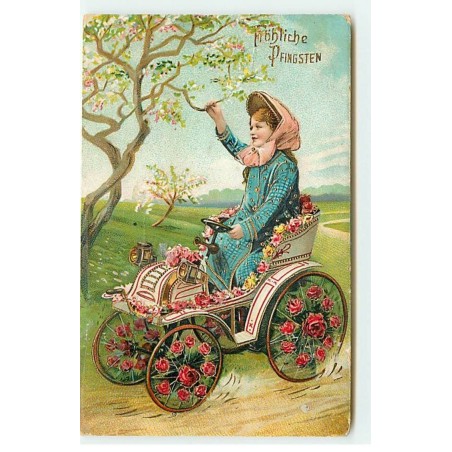 n°20225 - Fröhliche Pfingsten - Jeune fille conduisant une voiture fleurie