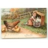n°20227 - Carte Gaufrée - Joyeuses Pâques - Une poule et des poussins regardant une fillette nourrissant un lapin