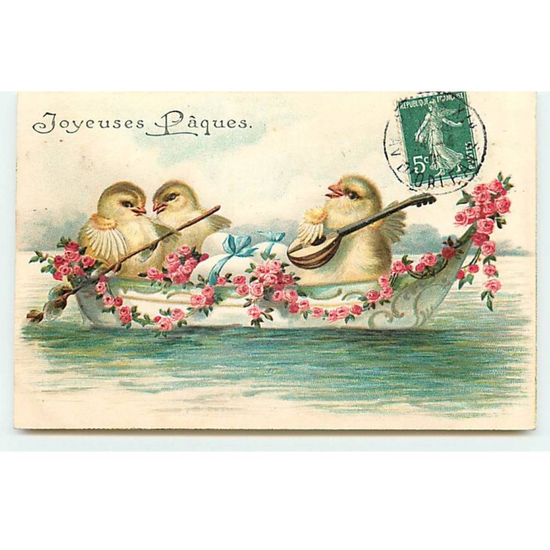 n°20228 - Carte Gaufrée - Joyeuses Pâques - Poussins dans une barque, l'un jouant de la mandoline
