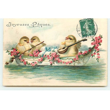 n°20228 - Carte Gaufrée - Joyeuses Pâques - Poussins dans une barque, l'un jouant de la mandoline