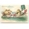 n°20228 - Carte Gaufrée - Joyeuses Pâques - Poussins dans une barque, l'un jouant de la mandoline
