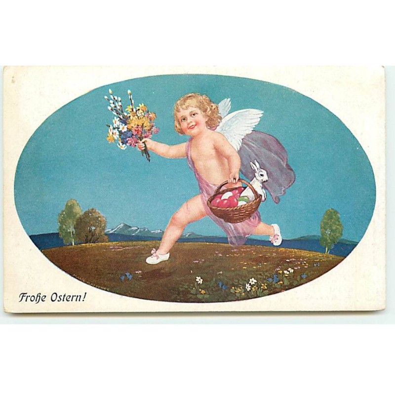 n°20233 - Frohe Ostern - Flatscher - Ange portant un bouquet et un panier rempli d'oeufs