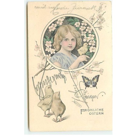 n°20235 - Fröhliche Ostern - Poussins regardant une fillette avec un poussin posé sur les doigt - papillon