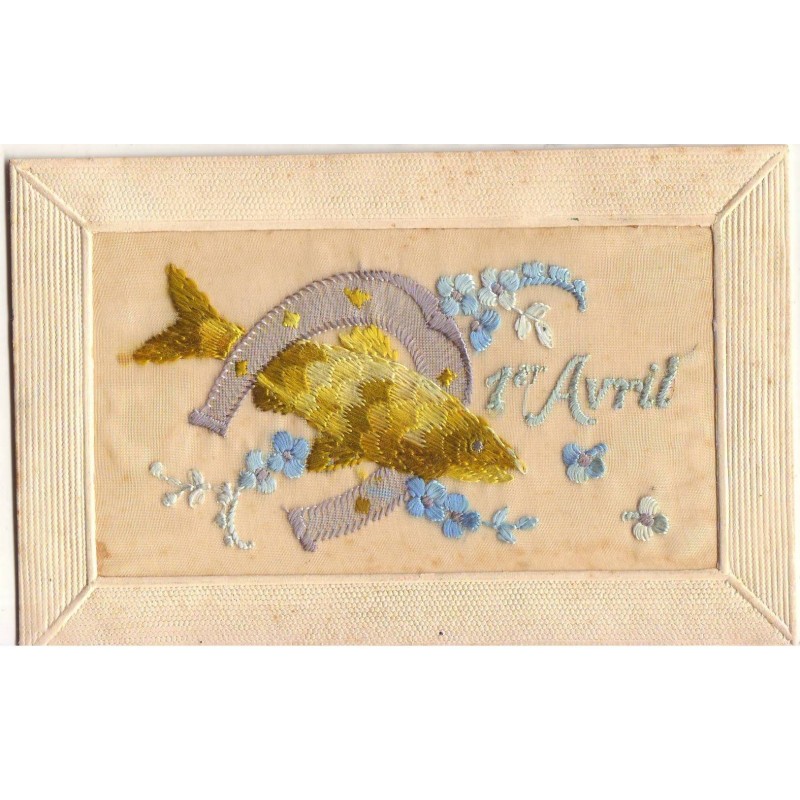 n°20252 - Carte Brodée - 1er Avril - Poisson passant sous un fer à cheval entouré de myosotis