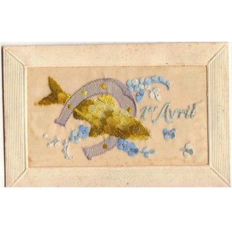 n°20252 - Carte Brodée - 1er Avril - Poisson passant sous un fer à cheval entouré de myosotis