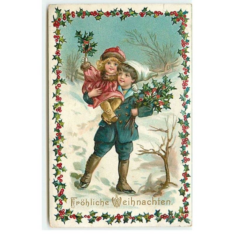 n°20257 - Fröhliche Weihnachten - Garçon portant une fillette sur l'épaule, les deux portant du houx