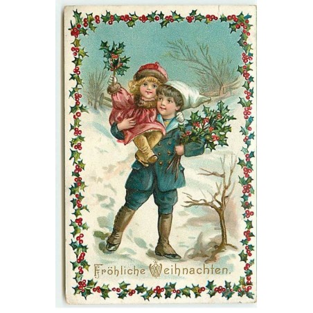 n°20257 - Fröhliche Weihnachten - Garçon portant une fillette sur l'épaule, les deux portant du houx