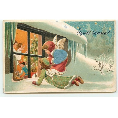 n°20262 - Carte Gaufrée - Veselé Vanoce - Anges regardant une famille par la fenêtre