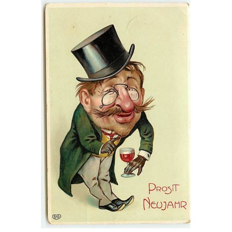 n°20266 - Prosit Neujahr - Homme portant une redingote et un haut de forme, en tenant un verre de vin
