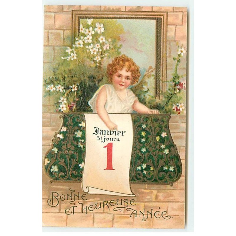 n°20269 - Carte Gaufrée - Clapsaddle - Bonne et Heureuse Année - Ange sur un balcon fleuri