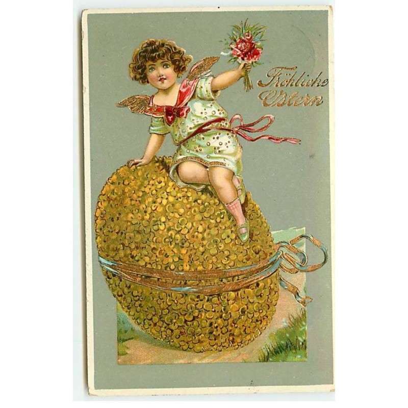 n°20276 - Fröhliche Ostern - Ange assis sur un oeuf fleuri