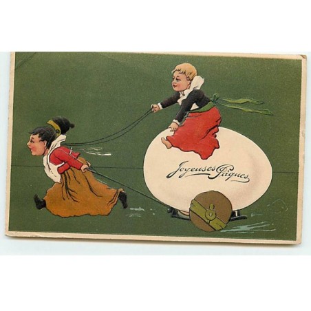 n°20279 - Carte Gaufrée - Joyeuses Pâques - Un enfant sur un oeuf tiré par un autre enfant