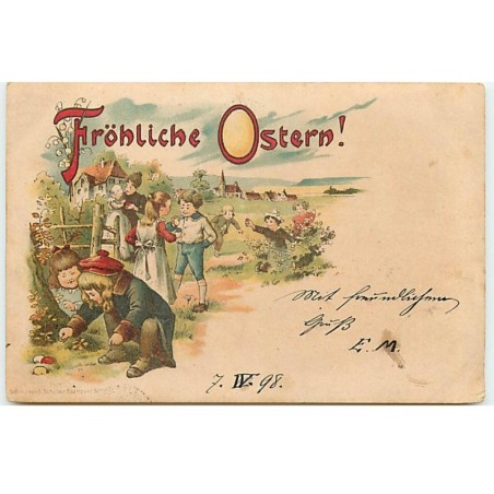 n°20280 - Fröhliche Ostern - Enfants cherchant des oeufs - 1898