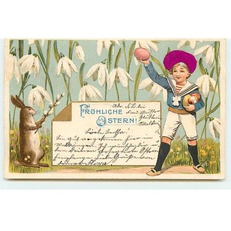 n°20282 - Carte Gaufrée - Fröhliche Ostern - Garçon montrant des oeufs à un lièvre