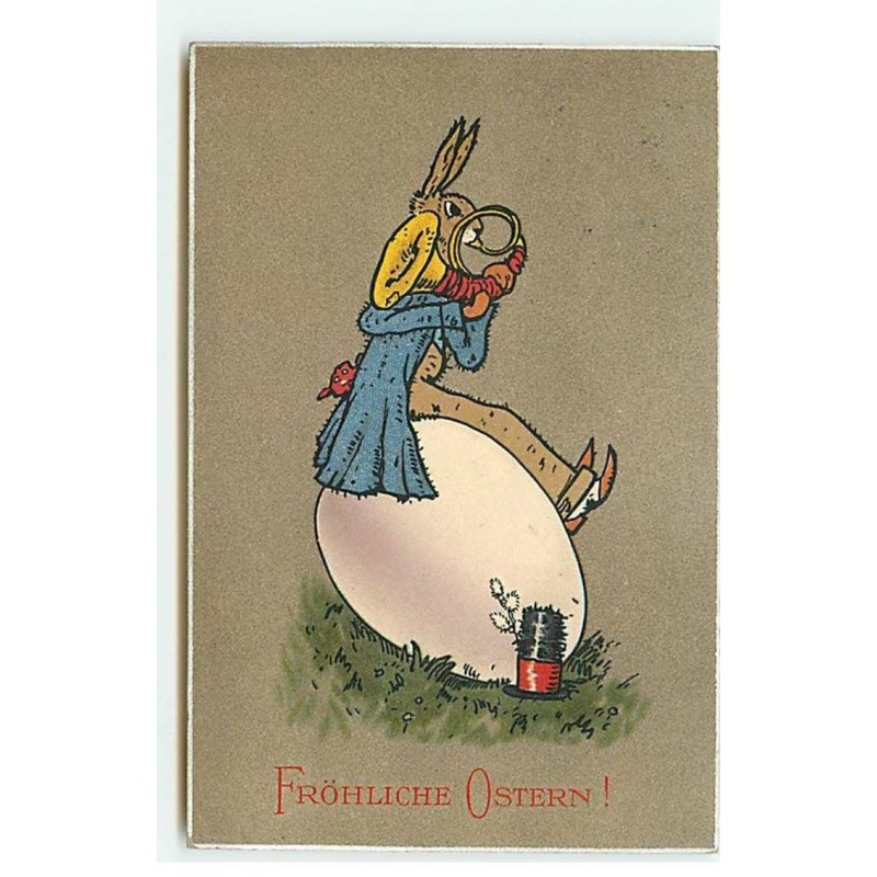 n°20283 - Fröhliche Ostern - Lièvre jouant d'un cor de chasse assis sur un oeuf