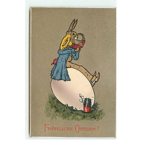 n°20283 - Fröhliche Ostern - Lièvre jouant d'un cor de chasse assis sur un oeuf