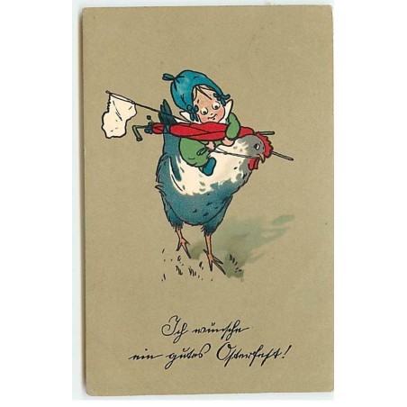 n°20286 - Bébé tenant un filet à papillon et un parapluie sur le dos d'une poule