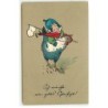 n°20286 - Bébé tenant un filet à papillon et un parapluie sur le dos d'une poule