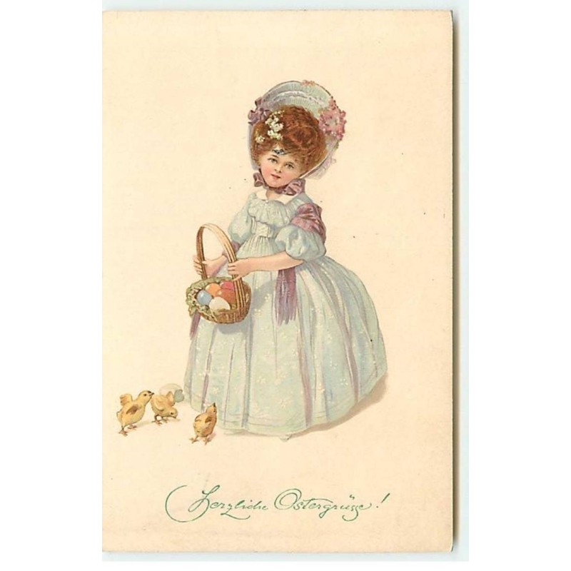 n°20287 - MM Vienne n°653 - Herzliche Ostergrüsse - Jeune fille portant un panier rempli d'oeufs, et des poussins