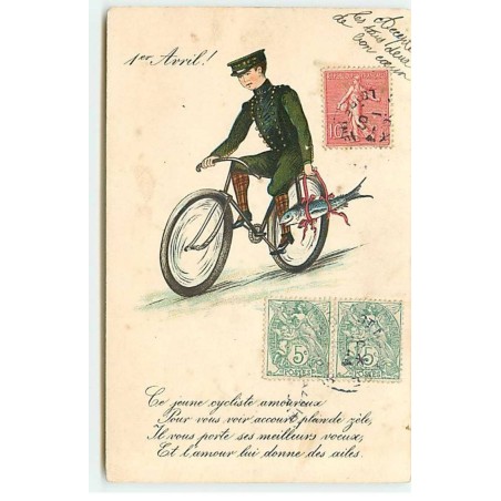n°20291 - 1er Avril - Homme en vélo portant un poisson
