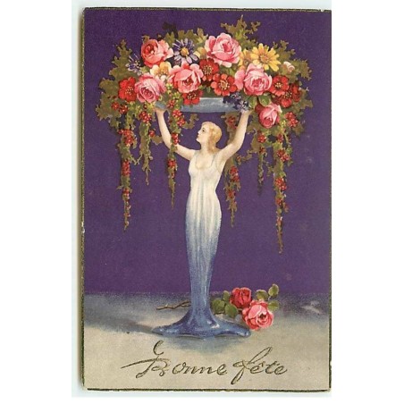 n°20296 - Art Déco - Bonne Fête - Jeune femme sous une arche de fleurs
