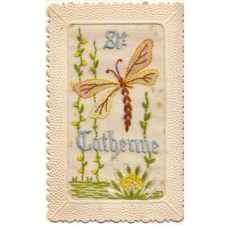 n°20301 - Carte Brodée - Ste Catherine - Libellule au-dessus d'un nénuphar