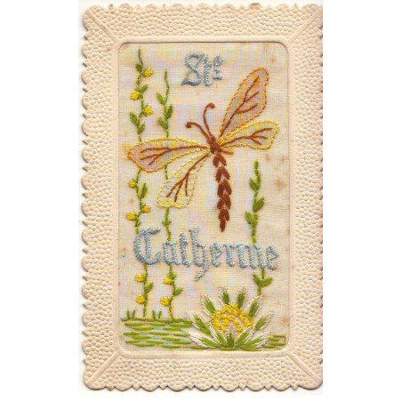 n°20301 - Carte Brodée - Ste Catherine - Libellule au-dessus d'un nénuphar