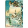 n°10035 - Carte Fantaisie Gaufrée - God Jul - Père Noël et Village