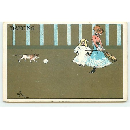 n°20322 - Versini - Dancing - Femme tenant un violon, près d'une fillette, chat jouant avec une balle