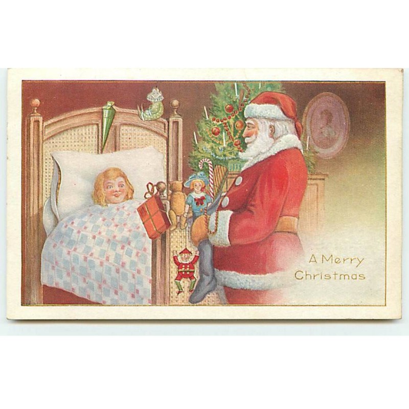 n°20324 - Carte Gaufrée - A Merry Christmas - Père Noël déposant des jouets dans la chaussette d'une fillette