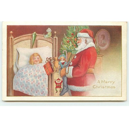 n°20324 - Carte Gaufrée - A Merry Christmas - Père Noël déposant des jouets dans la chaussette d'une fillette
