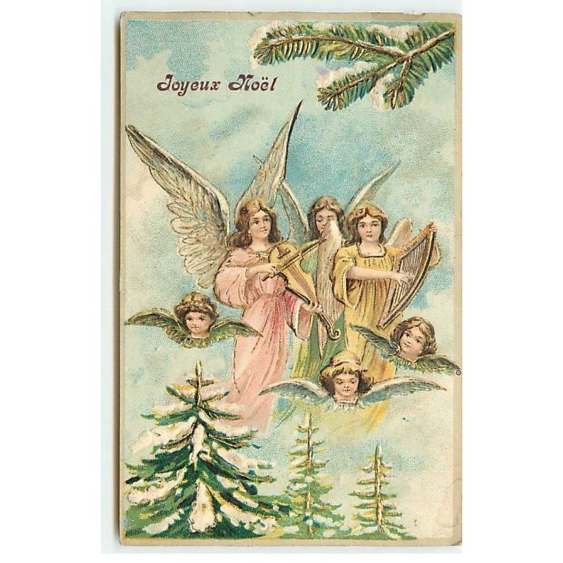 n°20325 - Carte Gaufrée - Joyeux Noël - Anges, dont l'un jouant du violon un autre de la harpe