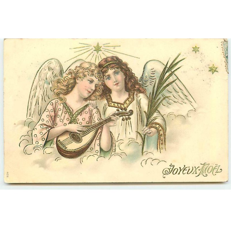 n°20326 - Carte Gaufrée - Joyeux Noël - Deux anges, l'un jouant de la mandoline