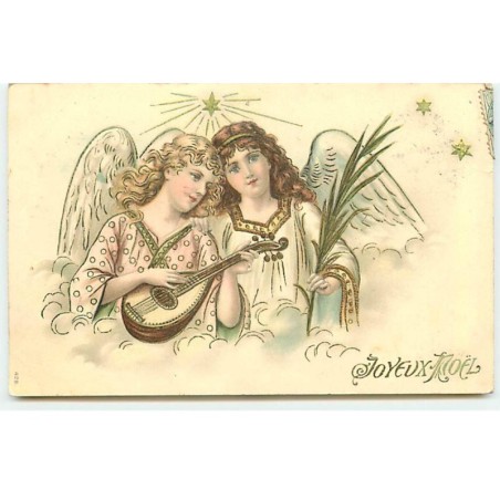 n°20326 - Carte Gaufrée - Joyeux Noël - Deux anges, l'un jouant de la mandoline