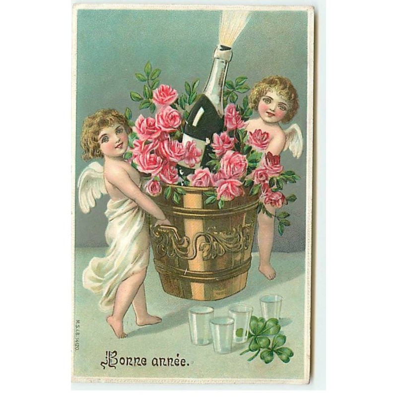 n°20331 - Carte Gaufrée - Bonne Année - Anges portant un seau de champagne avec une bouteille des roses