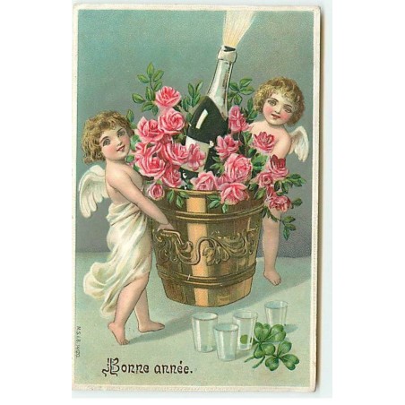 n°20331 - Carte Gaufrée - Bonne Année - Anges portant un seau de champagne avec une bouteille des roses